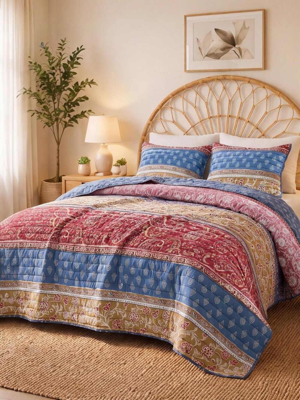 Boho King Quilt Bedding Set, 3 Pieces Soft Bedspread, Red